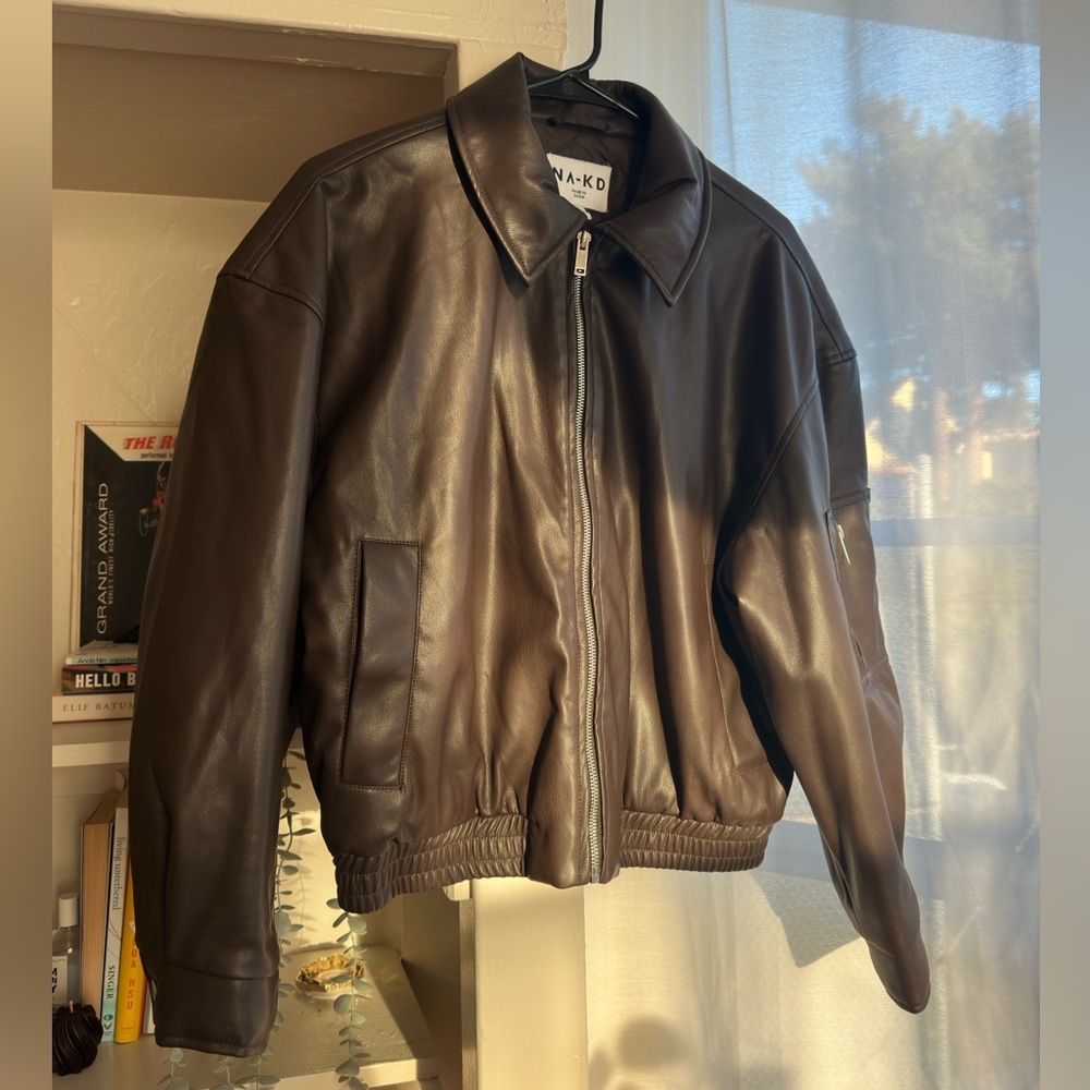 NA-KD Brown Faux Leather Bomber Jacket w/ Quilted Lining